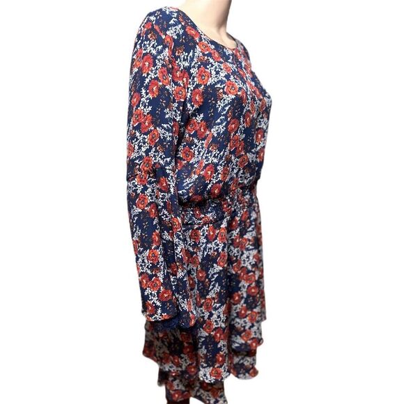 A Beautiful Soul Boho Floral Dress L Navy Red Bell Sleeve Flowy - Picture 3 of 10